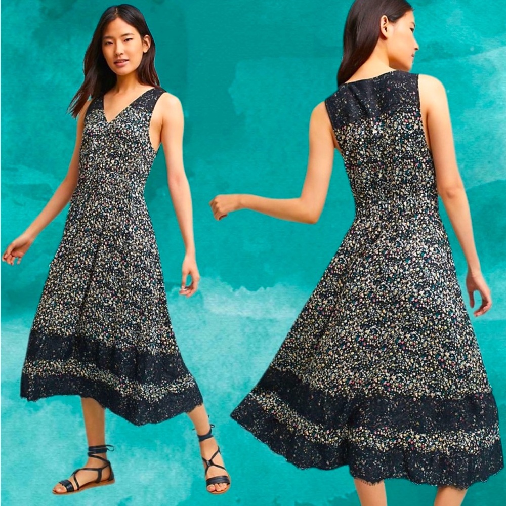 ranna gill x anthro • black floral cynara midi dress xl